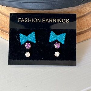 3 Earring Pairs - Sparkly Blue Bow Tie - Purple Stud Faux Diamond Crystal CZ